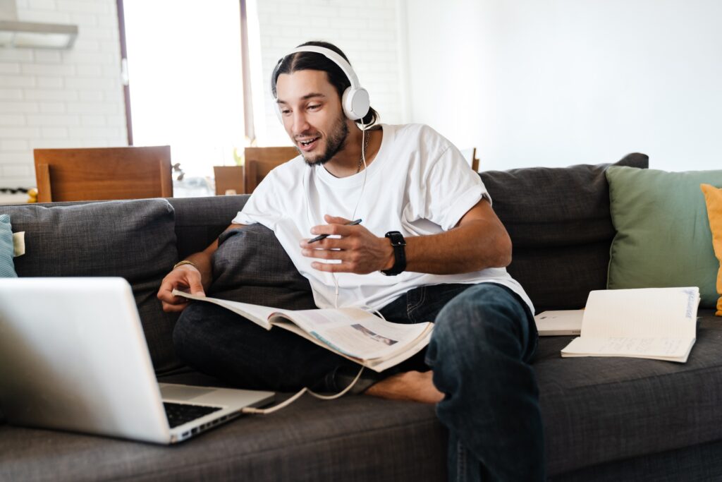 confident young man wearing headphones