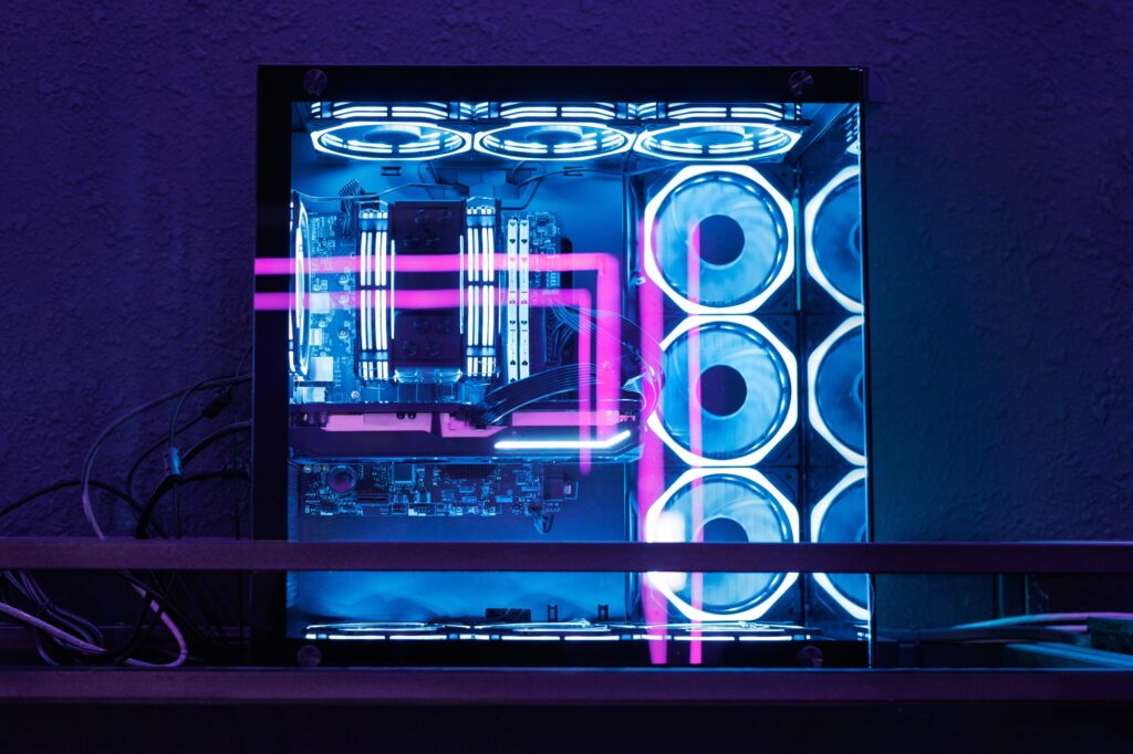 professional gaming pc with a headset in the computer club for gamers